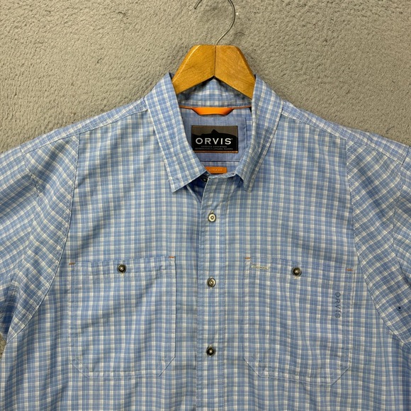 Orvis Shirt Button Up Mens XL Blue White Plaid Short Sleeve Pocket Active Fit